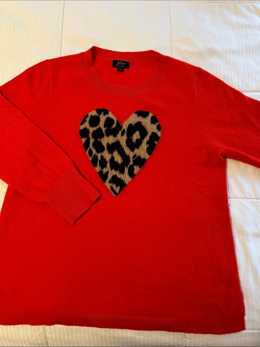 J. Crew Poppy Red Crewneck Cashmere Sweater with Leopard Heart
